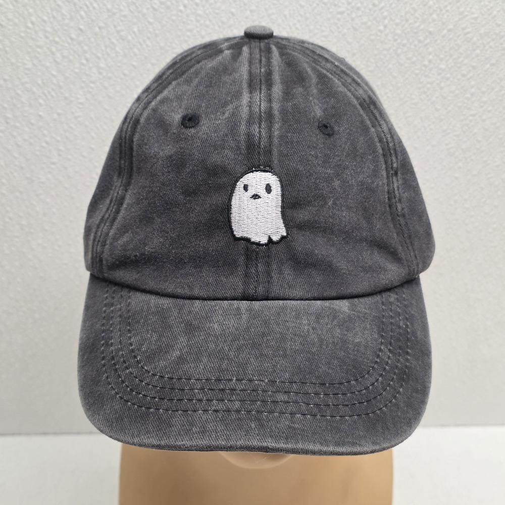 Ghost Embroidered Black Gray Cotton Adjustable Strapback Hat Baseball Cap